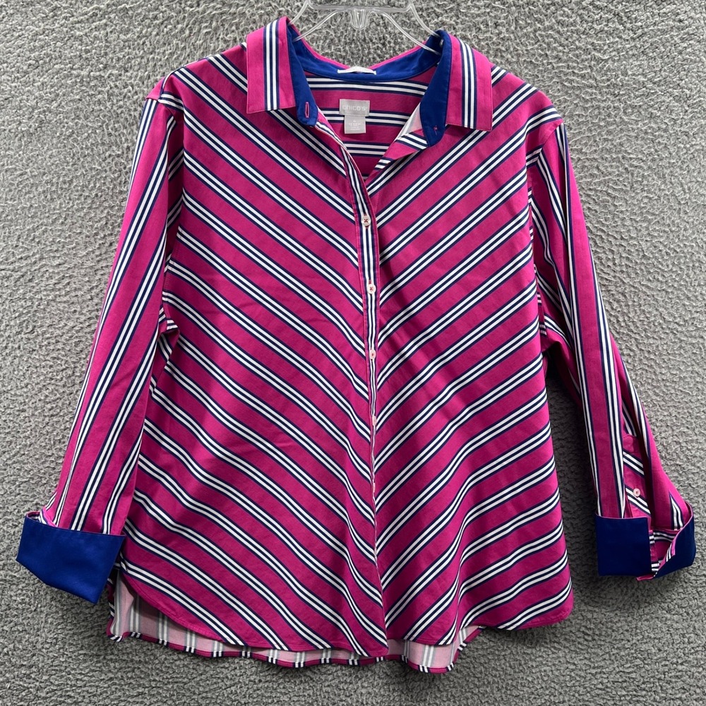 Chicos Womens Button Shirt 20 Pink Navy Striped No Iron Office Minimal Versatile